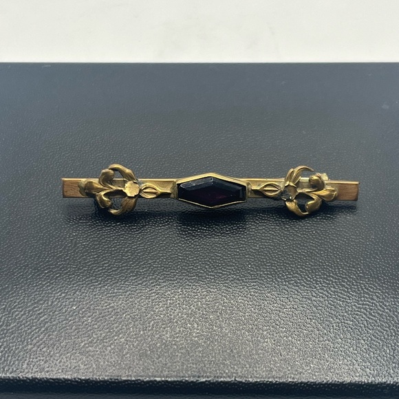 Victorian gold tone purple glass stone vintage bar brooch pin c clasp antique - Picture 2 of 15